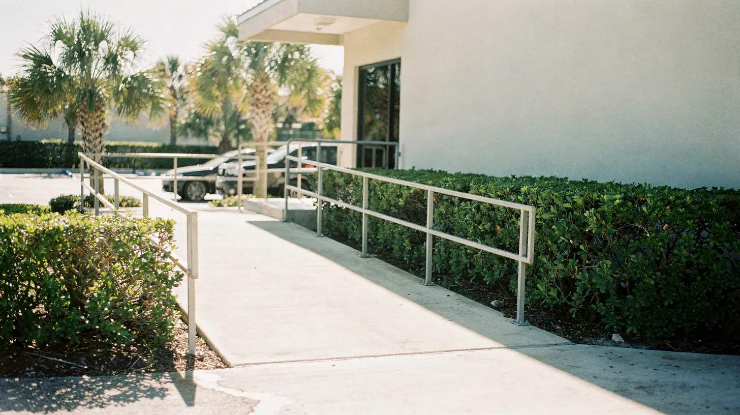 A concrete access ramp with a painted steel handrail rising to the entrance of a small Southwest Florida commercial building in mid-morning sun