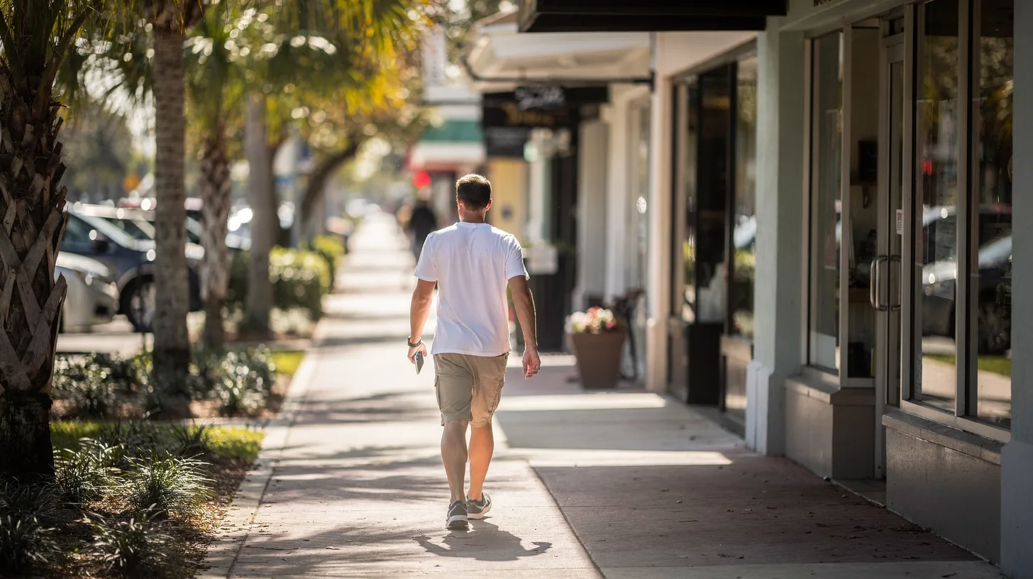 A person walking away along a shaded Naples sidewalk past small independent shopfronts, holding a phone at their side, with cabbage palms along the kerb