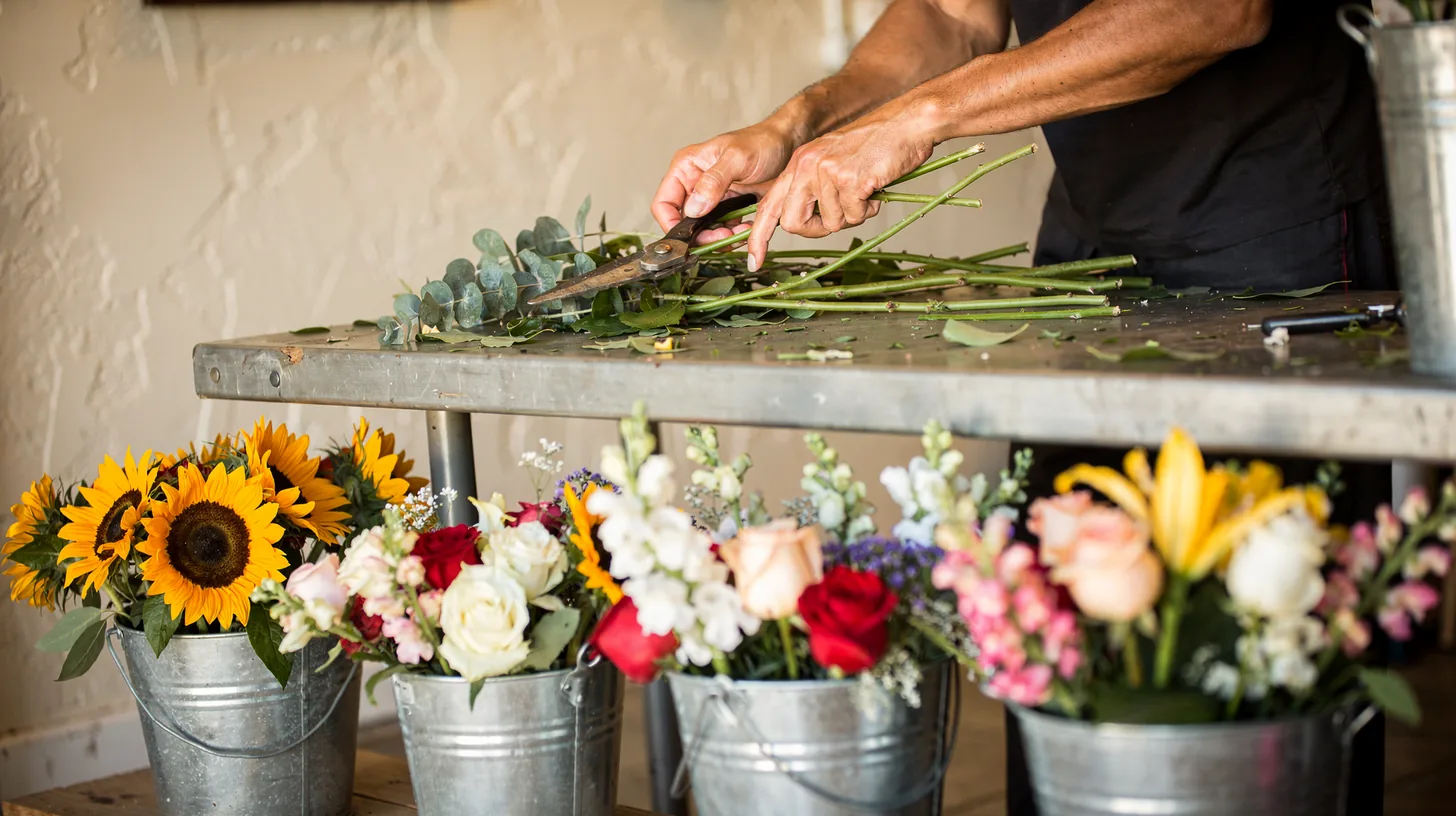 A florist trimming stems at a zinc-topped counter in a small Bonita Springs shop, hands and shoulders only