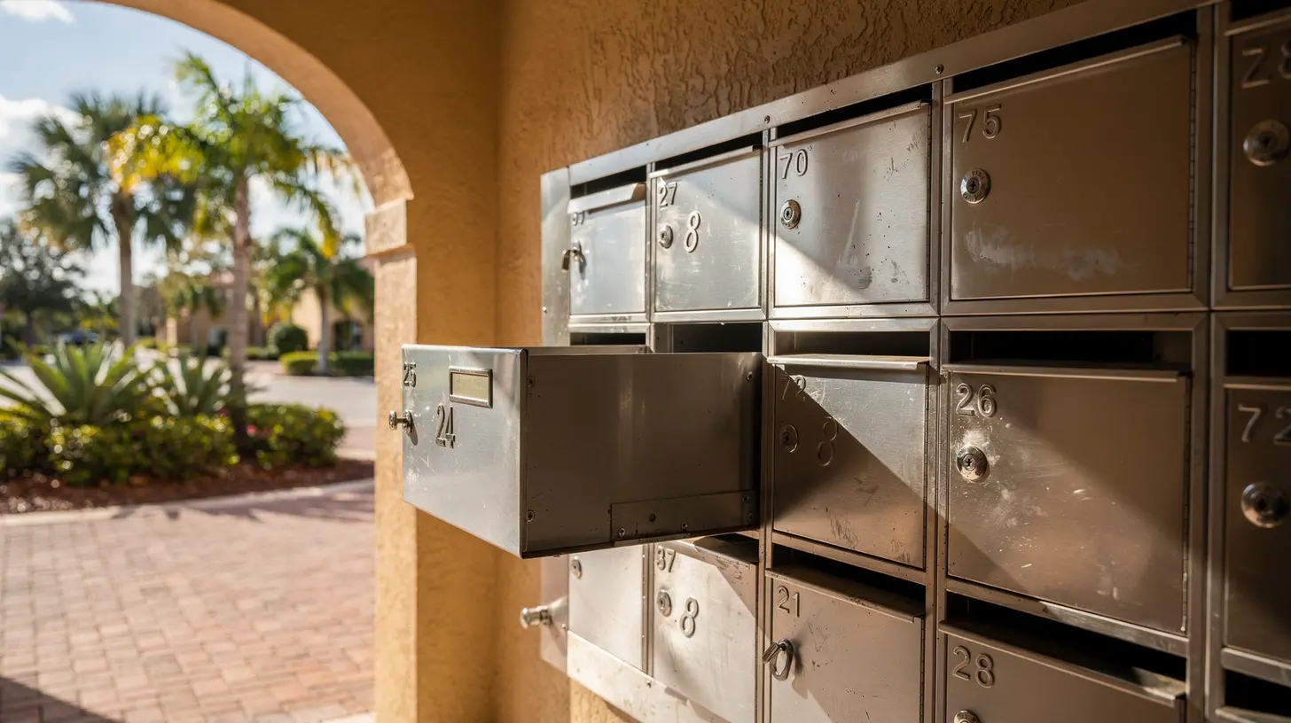 A bank of locked commercial mailboxes in the shaded breezeway of a Naples business plaza, one door standing open and empty