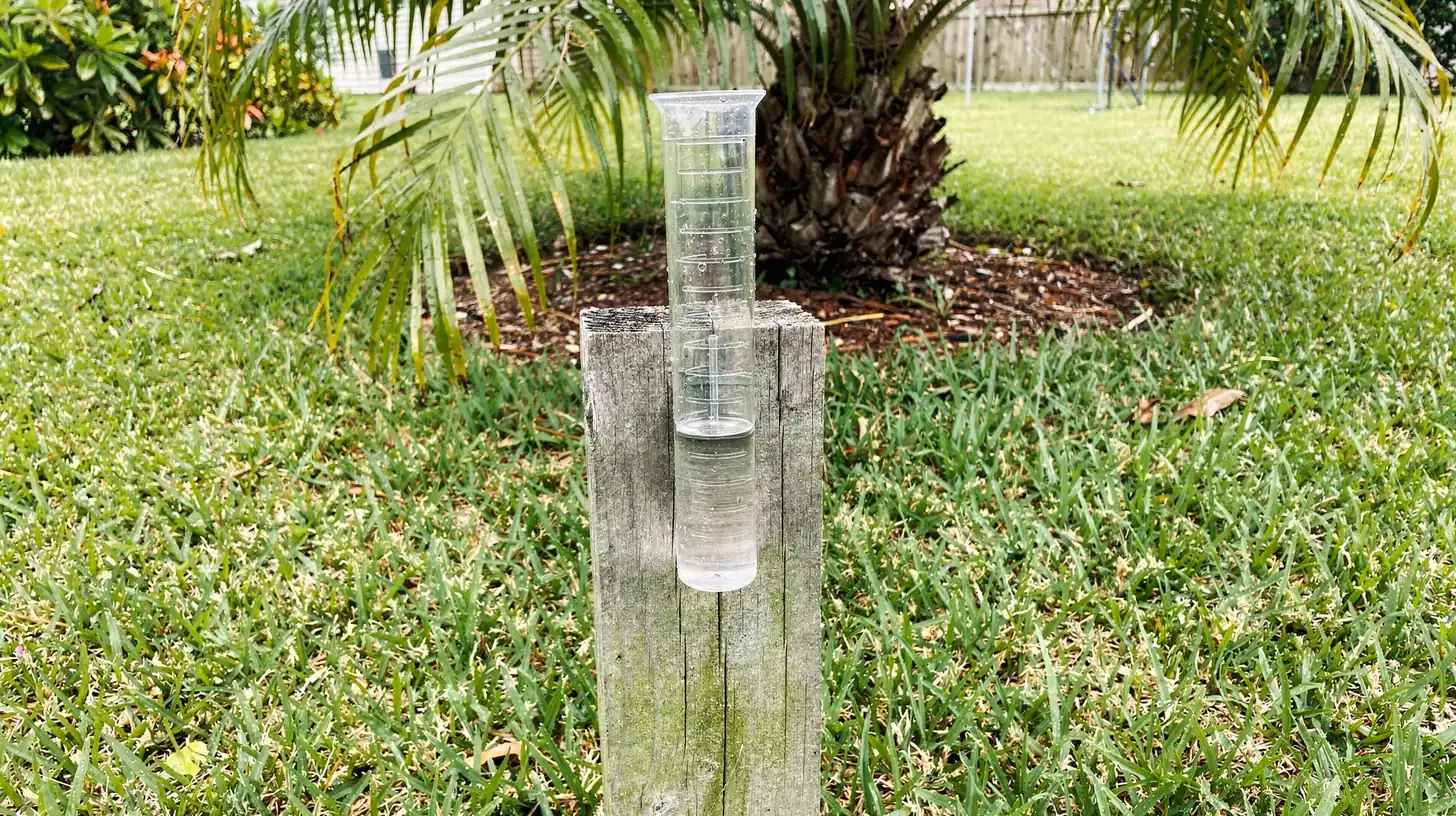 A clear plastic rain gauge mounted on a weathered wooden post in a Southwest Florida back yard, water beaded inside the tube in mid-morning light