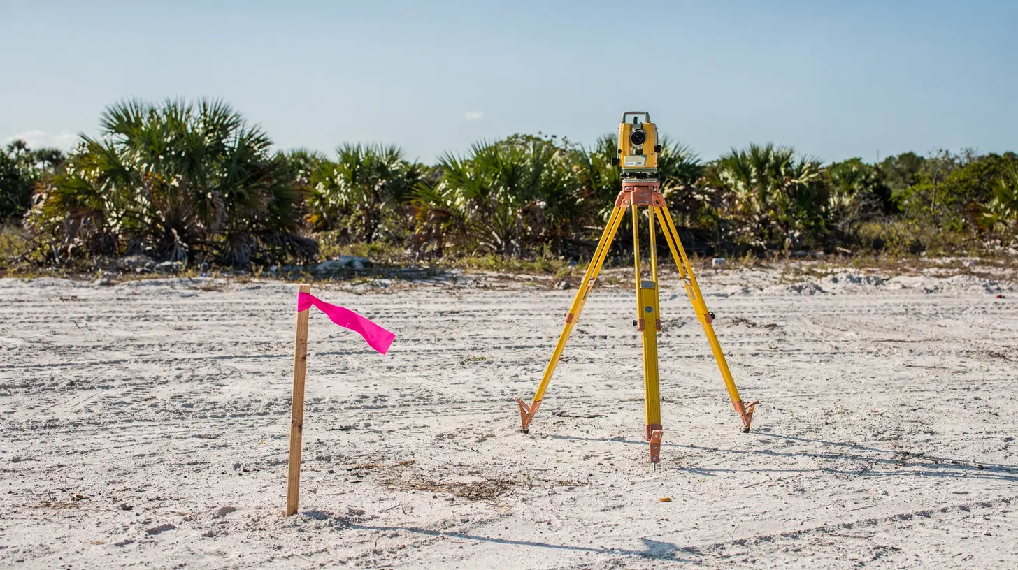 A surveyor’s tripod and level set up on a cleared Naples commercial lot beside a boundary stake with pink flagging tape, in bright mid-morning light
