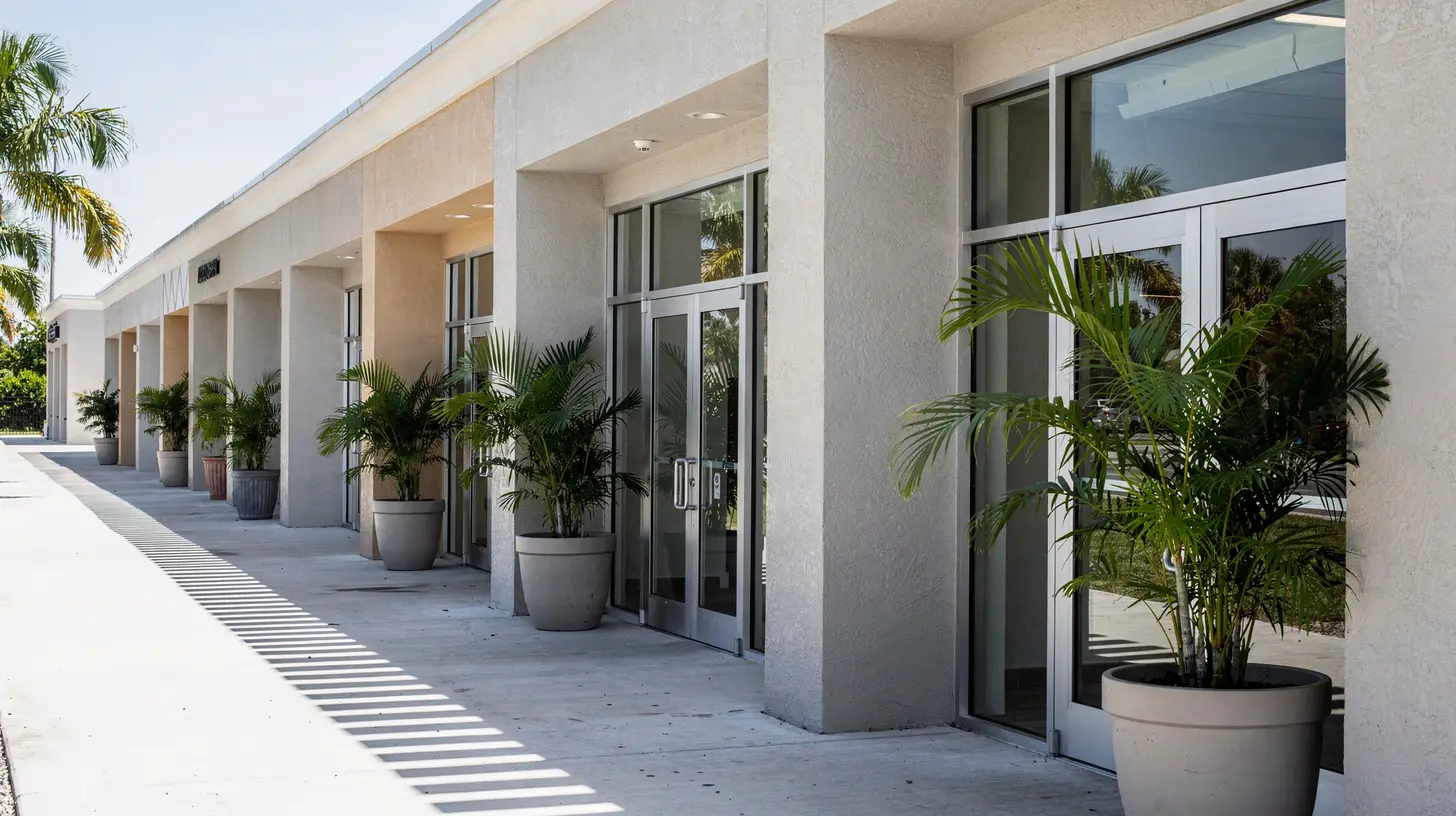 A row of small independent storefront units in a Naples plaza seen along the sidewalk at an angle, the nearest unit large and the far ones receding
