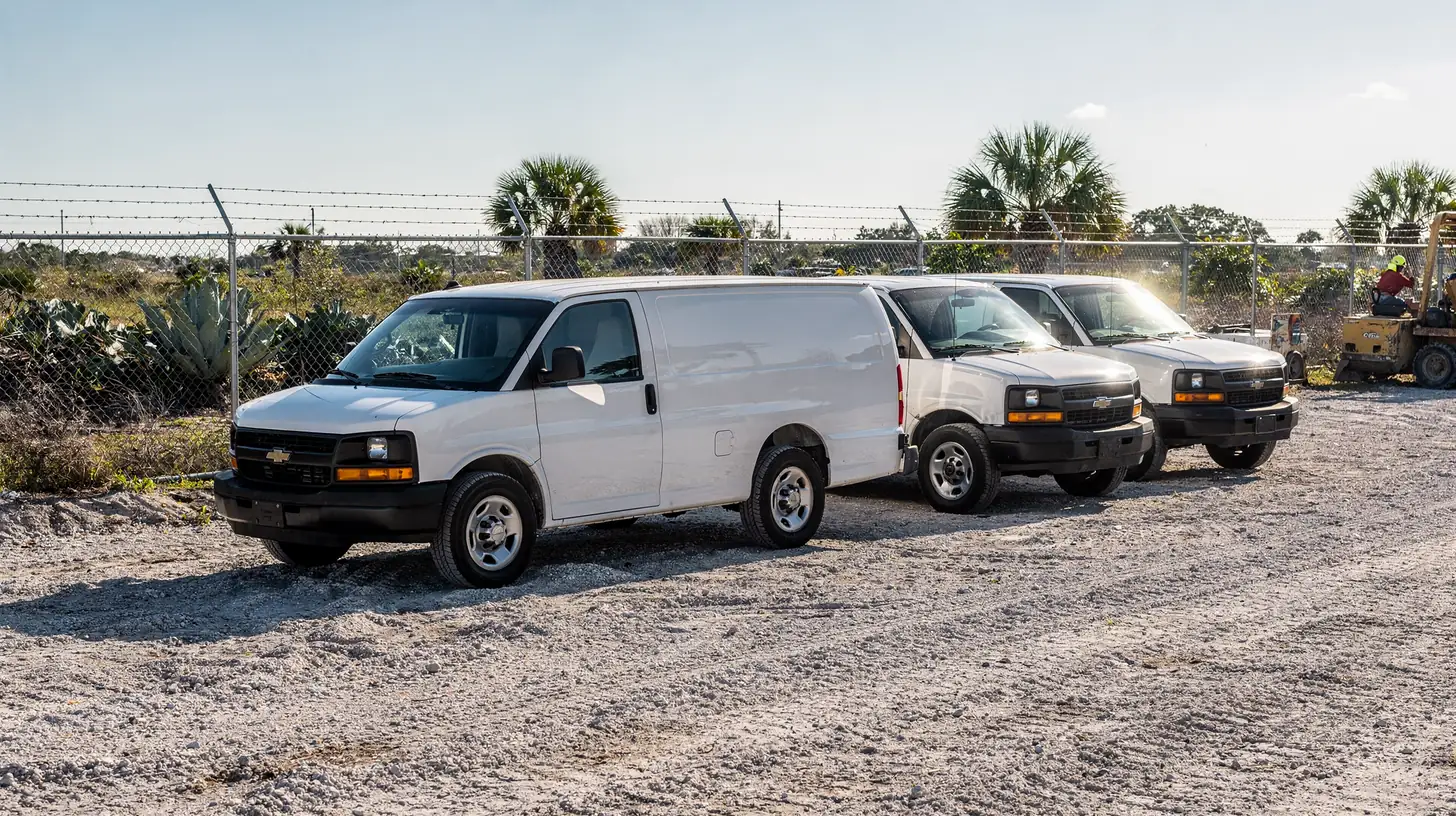 Three identical white service vans parked in a row on the gravel apron of a Southwest Florida contractor yard