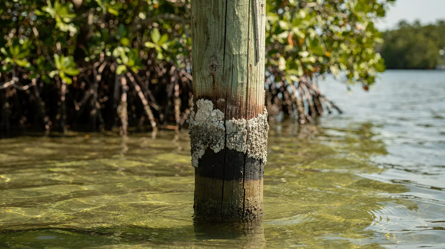 A weathered dock piling in Southwest Florida at low tide, the dark waterline band visible well above the present water level