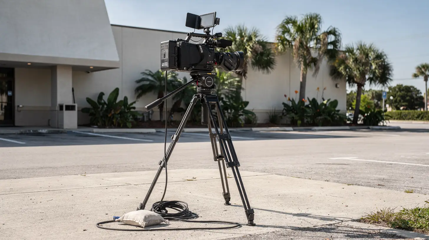 A video camera on a tripod set up outside a small Southwest Florida commercial building in mid-morning light, screen folded closed