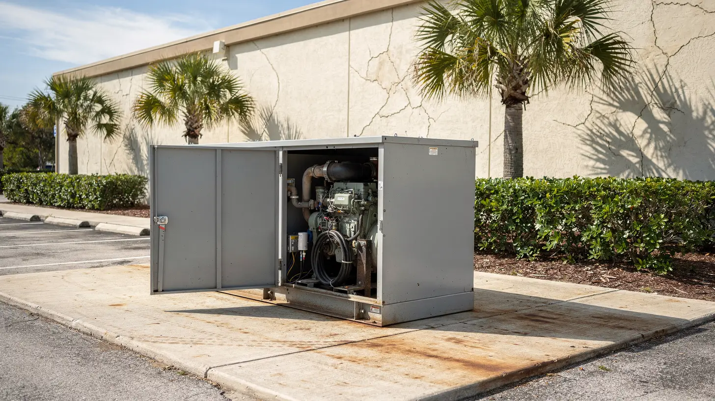 A standby generator on a concrete pad beside a Southwest Florida commercial building, its access panel open, in bright mid-morning light