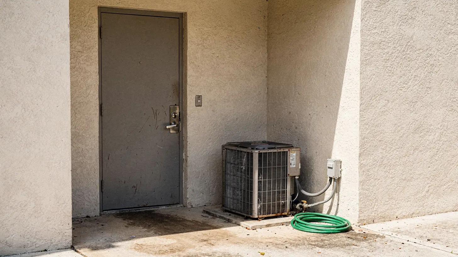 A locked service entrance at the rear of a small Southwest Florida commercial building in mid-morning light