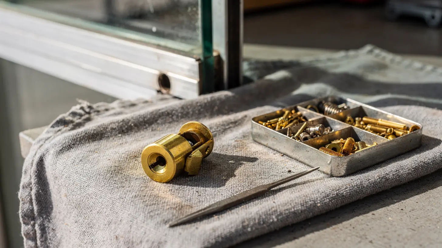 A brass lock cylinder removed from a commercial glass door and resting on a work cloth beside a locksmith pinning tray in bright Naples daylight