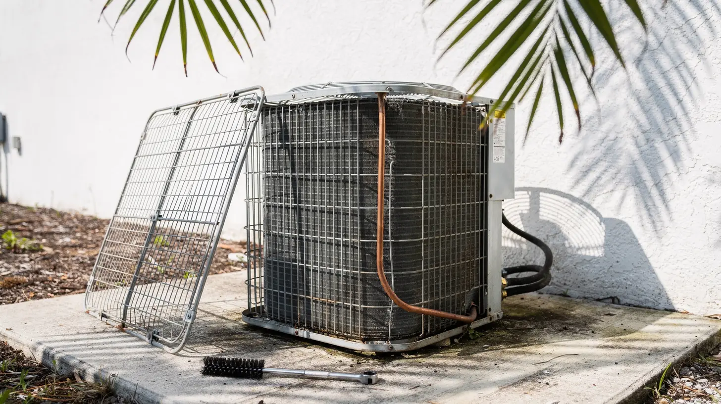An outdoor air-conditioning condenser standing open on a concrete pad beside a Southwest Florida building, its grille lifted off and tools on the concrete