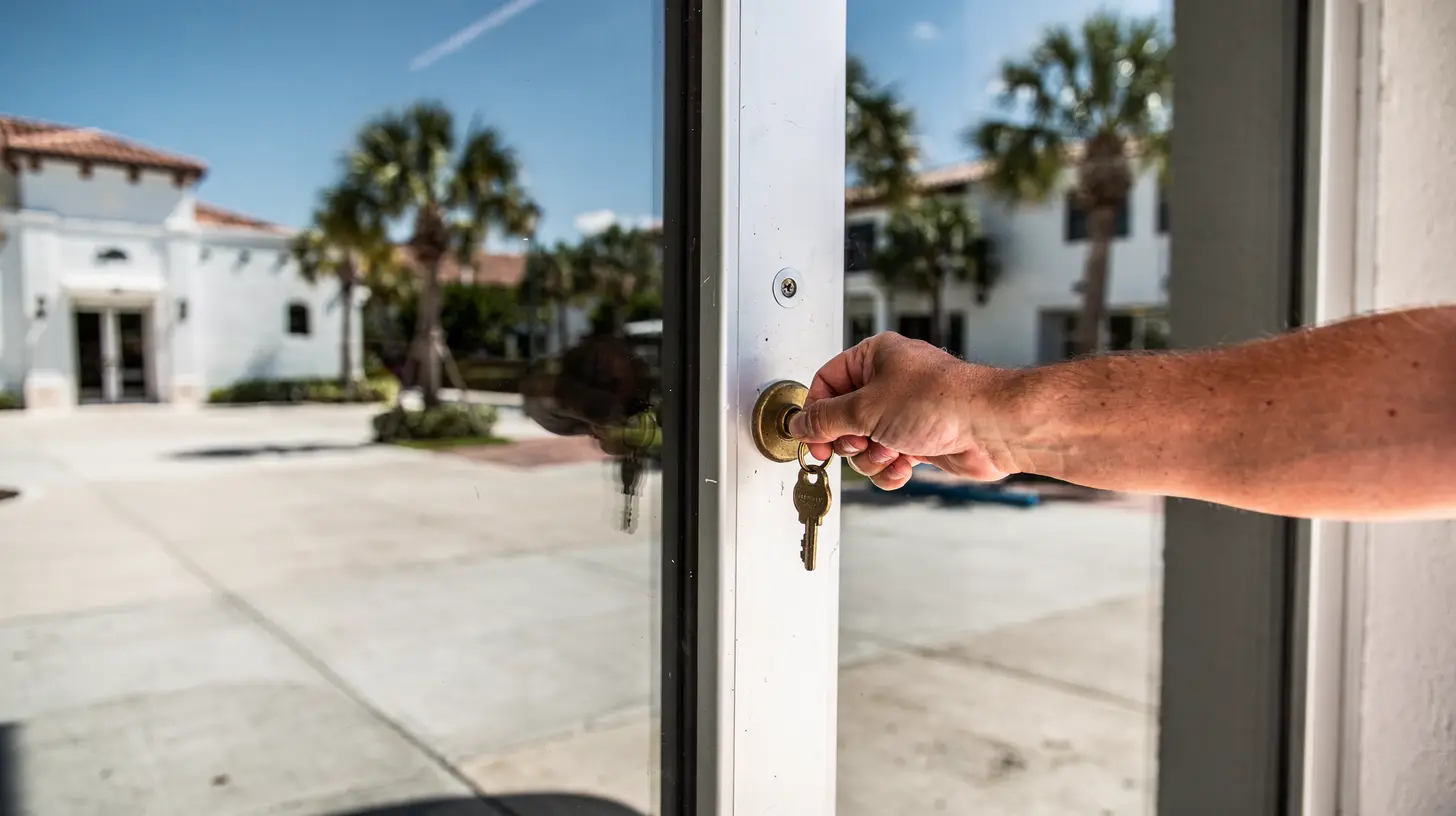 A hand turning a key in the deadbolt of a glass storefront door in Naples at opening time, sunlit sidewalk reflected in the glass